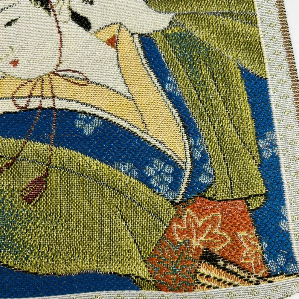 VTG Japanese Bijin-ga Geisha Woven Silk Tapestry Art Green Blue 13x12 Anime